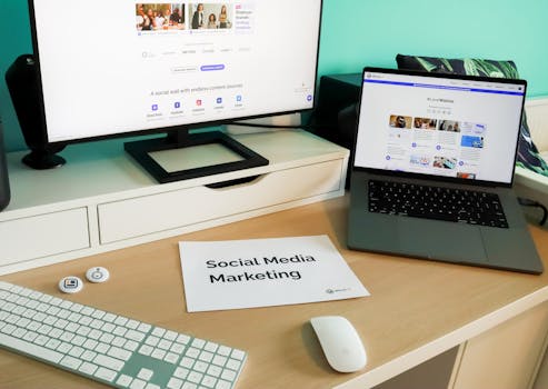 social media marketing workspace setup with tools for content creation and digital marketing strategy