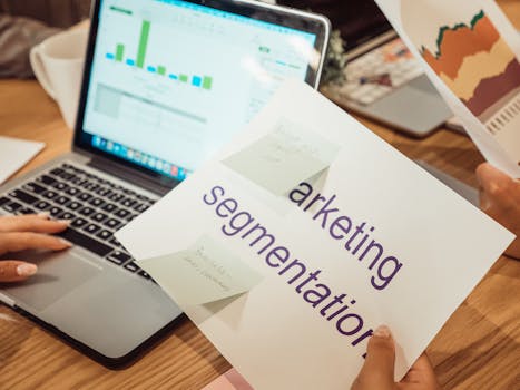 “Hands analyzing content marketing and email campaign data on a laptop with reports in a modern workspace”